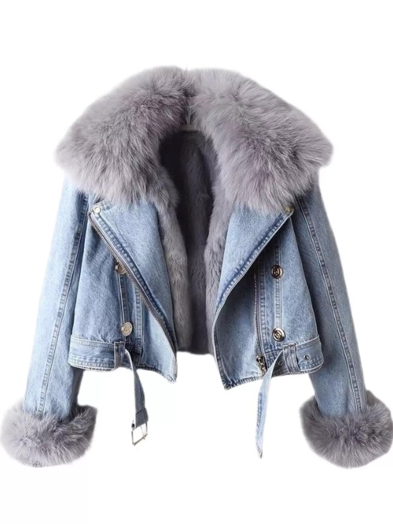 Full Size Faux Fur Collar Denim Jacket Plus Size