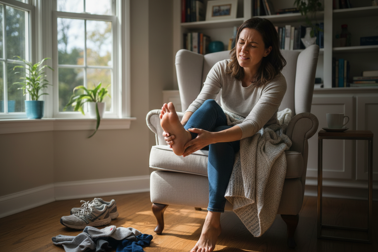 erstelle ein bild mit einer frau die fußschmerzen hat 